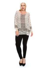 White Long Sleeve Top with print and stones lace hem by Vocal