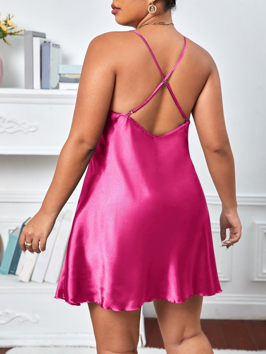 Plus Crisscross Backless Satin Cami Night Dress hot pink