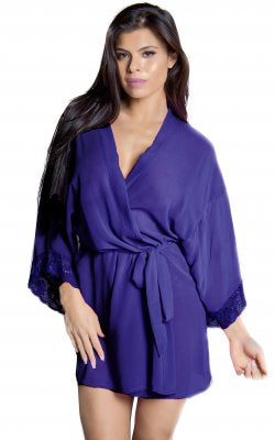 Chiffon 34 inches short wrap robe set with lace trim cuffs, attached belt, lace G-string included.