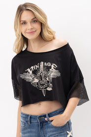 Vintage Print Winged Sword in Rose Decorated Short Top by Vocal - Black