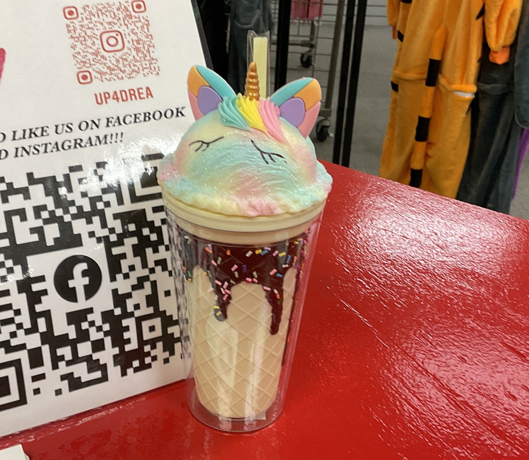 Unicorn ice cream cup w/ straw