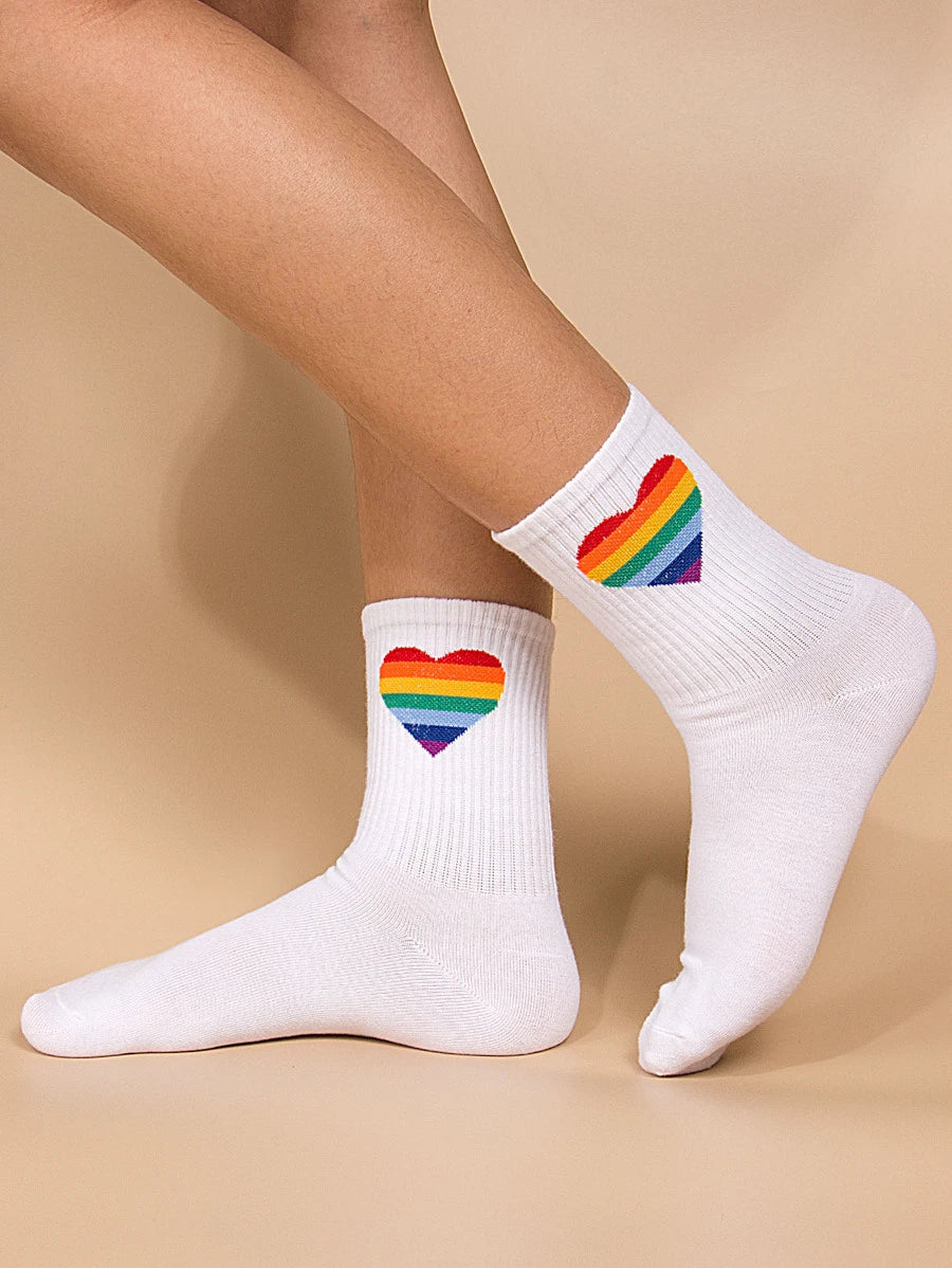 White Rainbow Heart Ankle Socks