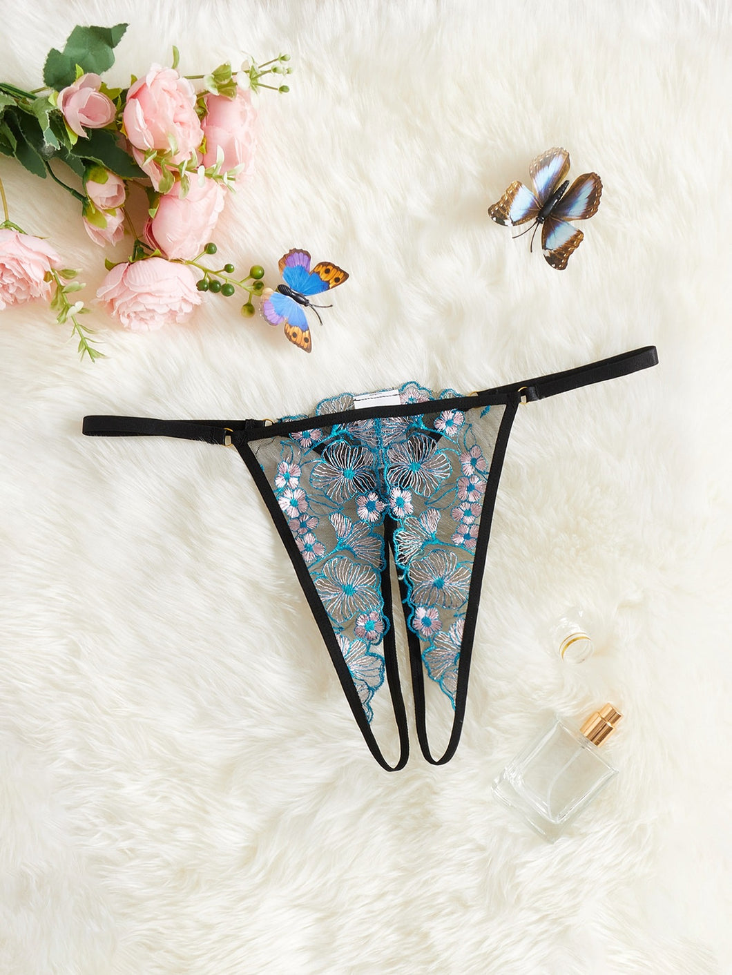 Plus Floral Embroidery Mesh Crotchless Panty