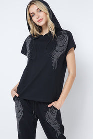 Hoodie Short sleeve Top With Blue Embellished Wings by Vocal - Black