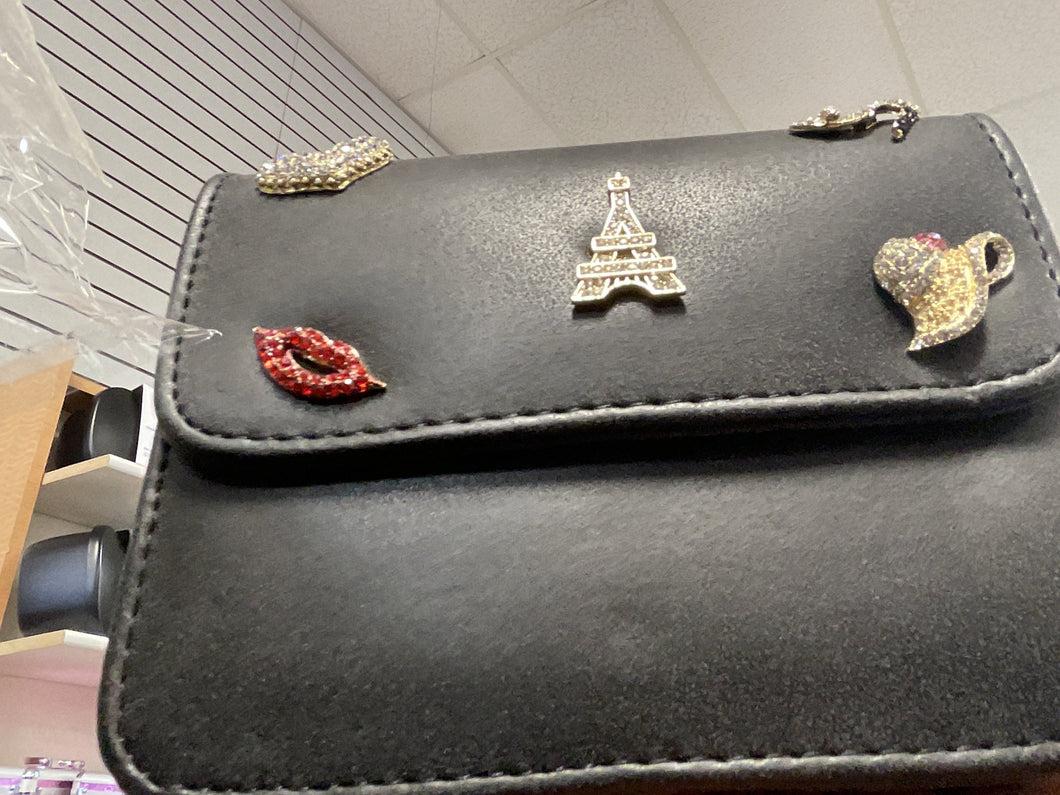 Black purse with rhinestone emblems charms - Small