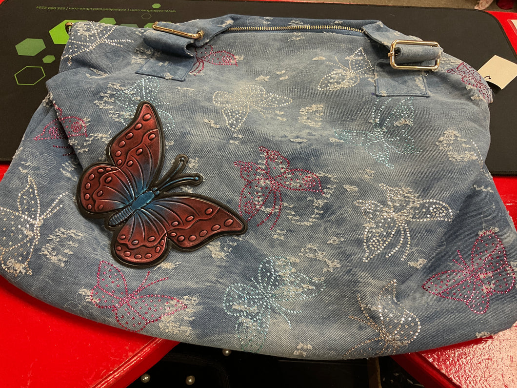 Blue Jean butterfly bejeweled tote bag